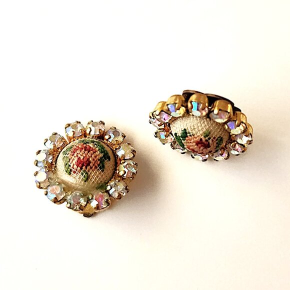 Aurora Borealis needlepoint clip-on earrings - Picture 2 of 7